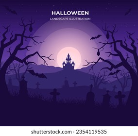 Halloween castle and headstones silhouette silhouette landscape illustration. Landscape illustration of tree tombstones and castle on hill. Landscape illustration for poster, banner