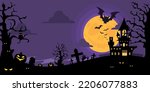 Halloween Castle house silhouette and fly bat on full moon background. Vector illustration flat design for banner, poster, wallpaper, and background.