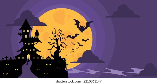 Halloween Castle House Silhouette And Fly Bat On Full Moon Background. Vector Illustration Flat Design For Banner, Poster, Wallpaper, And Background.