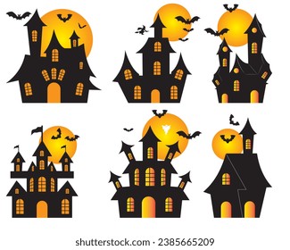 Halloween castle illustration. Halloween haunted house set isolated on white background. Halloween spooky castles and houses vector set.  Vector illustration
