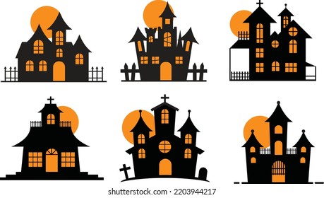 Halloween castle illustration. Spooky vector October tower. Scary dark horror silhouette house collection.  