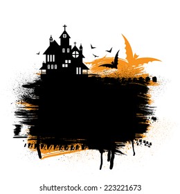 Halloween castle with ink blots and orange background. eps10