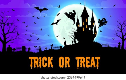 Halloween castle landscape vector silhouette with ghosts and bats. Halloween holiday trick or treat horror night cemetery and haunted house under midnight sky with moon, spooky trees and tombstones