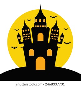 Halloween castle with moonlight and bats flat vector design