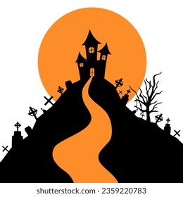 halloween castle with moonlight flat design. Haunted house spooky castle. Haloween party sign vector cover illustration. helloween icon collection. Flat design cartoon concept