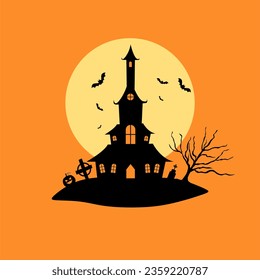 halloween castle with moonlight flat design. Haunted house spooky castle. Haloween party sign vector cover illustration. helloween icon collection. Flat design cartoon concept