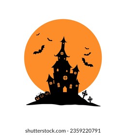 halloween castle with moonlight flat design. Haunted house spooky castle. Haloween party sign vector cover illustration. helloween icon collection. Flat design cartoon concept