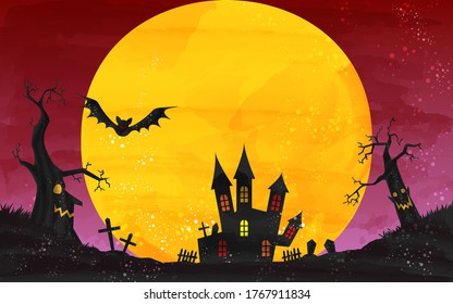 Halloween castle and moonlit night illustration, watercolor style grunge
Vector illustration