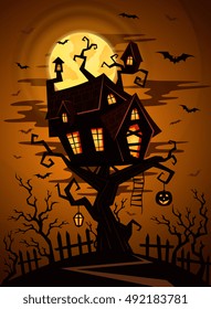 Halloween castle. Mystic spooky forest vector night background. Spooky haunted halloween castle with hanging festive pumpkin on tree surrounded by flying bat, broken old fence. Full moon illustration
