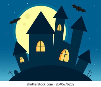 Halloween castle at night with graves
