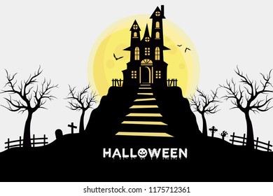 Halloween castle At Night With Scary Tree