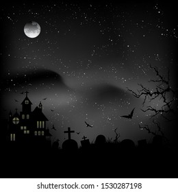 Halloween castle at night sky background with different elements