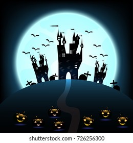 Halloween castle on blue moon background. illustration.