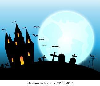 Halloween castle on blue moon background. illustration.