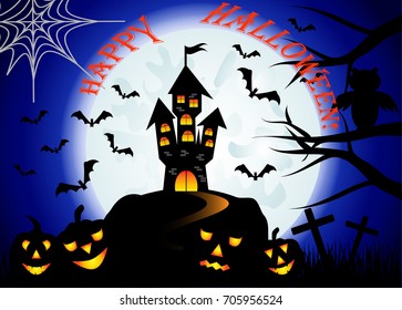 Halloween. Castle on the dais, full moon, night landscape. Silhouettes of owls, bats, crosses, tree branches