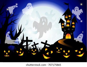 Halloween. Castle on the dais, full moon, night landscape. A pack of ghosts, crosses, jacks