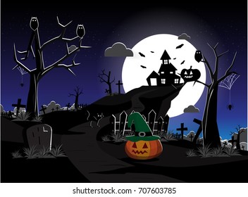 Halloween. Castle on the dais, full moon, night landscape. Silhouettes of owls, bats, crosses, tree branches