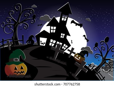 Halloween. Castle on the dais, full moon, night landscape. Silhouettes of owls, bats, crosses, tree branches