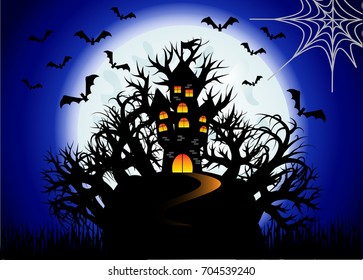 Halloween. The castle is on a hill in the midst of an ominous forest, full moon, night landscape. Flock of bats, cobwebs