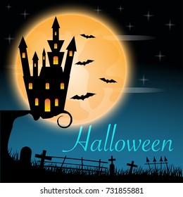 Halloween castle on red moon background. illustration.