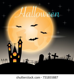 Halloween castle on red moon background. illustration.