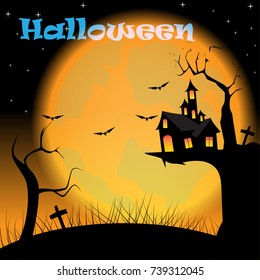 Halloween castle on red moon background. illustration.