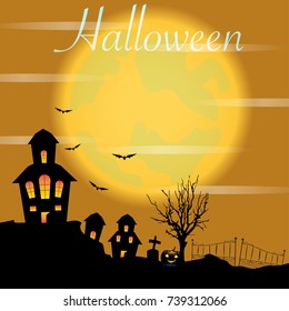 Halloween castle on red moon background. illustration.