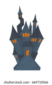 Halloween castle with orange windows. Vector flat illustration.