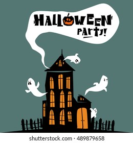 Halloween castle party poster. House with ghosts. Cartoon style halloween. Blue sky