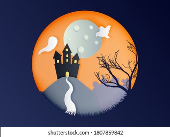 Halloween with castle , pumpkin , ghost and graveyard in the moon , paper art style