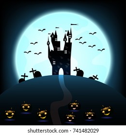 Halloween castle with pumpkin moon background. illustration.