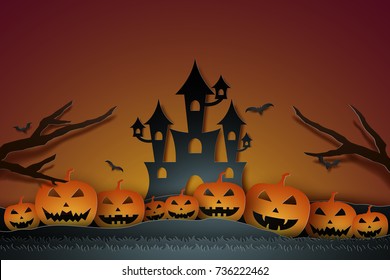 Halloween with castle and pumpkin , paper art style