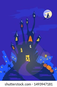 Halloween castle or scary chateau. City on the background. Pumpkins, graves, trees around. Witch next to the moon. Old house with ghosts. Scared character runs out the door. Flat vector illustration