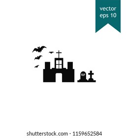 Halloween castle, scary house, bats, grave, rip, cross sign vector icon