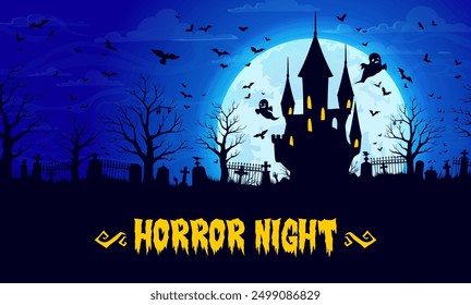 Halloween castle silhouette and cemetery landscape with flying ghosts and bats, vector background. Halloween holiday horror night party banner with cartoon haunted castle house and spooky boo ghosts