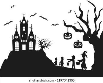 Halloween castle silhouette costume kids bat tree