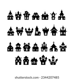 Halloween castle silhouette, halloween haunted house church and other buildings vector illustration.