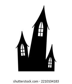 Halloween castle silhouette. Symbol of terrible autumn holiday. Ancient architecture and building with ghosts and spirits. Sticker for social media and messengers. Cartoon flat vector illustration