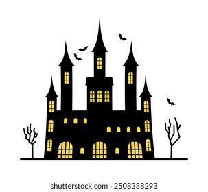 Silueta del castillo de Halloween. Vector aislado fortaleza medieval con torres, murciélagos de miedo voladores y árboles desnudos. Arquitectura de la vejez, casa embrujada o palacio para la fiesta espeluznante en otoño