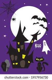 Halloween castle, spiderweb, cemetery, ghost cat and bats isolated icon poster on blue violet background for greetings. Vector illustration.