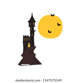 Halloween castle tower with bats and full moon vector Illustration on a white background
