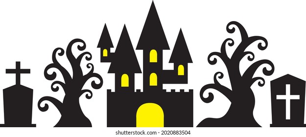 Halloween castle and tree and grave silhouette