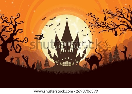 Halloween castle under a full moon, with a witch, bats, spooky trees, and a black cat on a hill, perfect for posters, banners, invites, backgrounds, and party decor. Silhouette vector style.