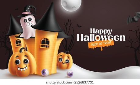 Halloween castle vector banner design. Happy halloween and trick or treat greeting text with haunted house, ghost and cute pumpkins characters in dark night background. Vector illustration horror part