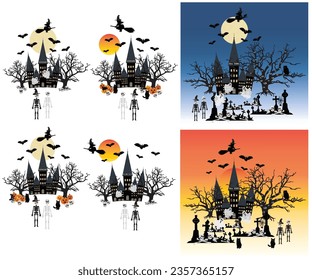 The halloween castle vector with ghost, devil, graveyard, dead tree, bat, witch, owl, black cat, spooky pumpkin, human bone head and skeleton.