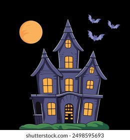 Halloween Castle Vector illustration, Spooky Haunted House with Full Moon and Bats