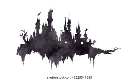 Silueta de la acuarela del castillo de Halloween aislada en el fondo blanco. Fantasma de la casa embrujada fantasma espeluznante pintura de acuarela Ilustración vectorial