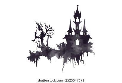 Halloween Castle Aquarell Silhouette einzeln auf weißem Hintergrund. Haunted Haus Geist unheimlich Aquarell Gemälde Vektorgrafik