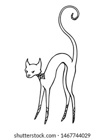 Halloween cat with arched back. Black and white doodle linear sketch. Vector illustration. Hand drawing cartoon illustration on white background