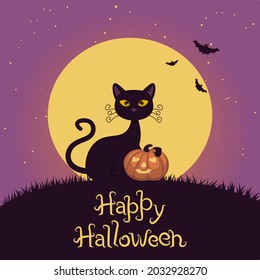 Halloween cat banner with scary pumpkin on the background of the sky, moon and bats. Color vector illustration for posters, invitation cards.